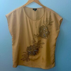 Talbots Petite Medium Gold Sequin Blouse Top Round Neck
